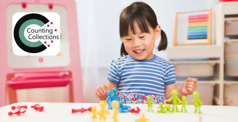 A young child sat at a table in a nursery setting counting groups of brightly coloured figurines