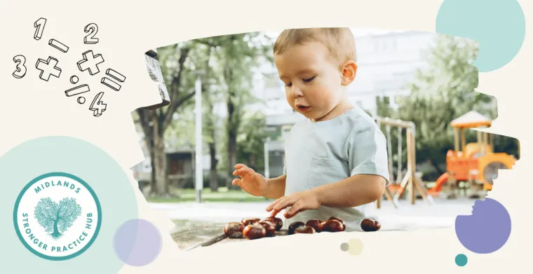 Banner image with a photo of young child counting conkers on a graphic background of colourful circles and maths symbols