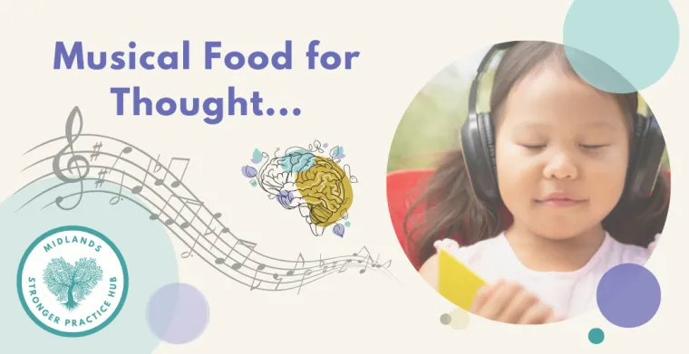 Banner image with a photo of young child wearing large headphones listening to music on a graphic background of colourful circles and musical notes