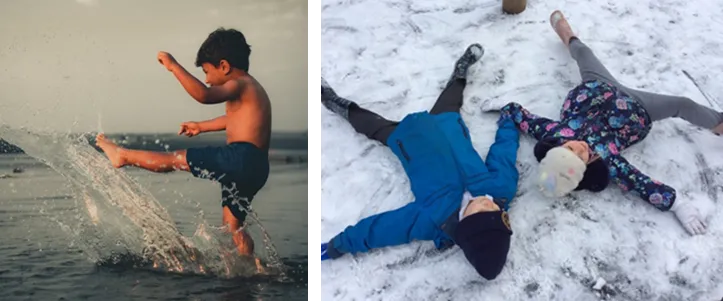 Boy kicking water. Children laying in snow.
