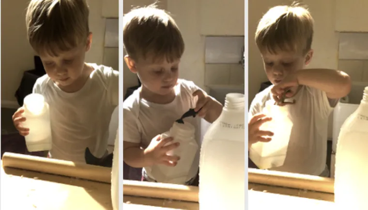 Three images of early years child with bottle
