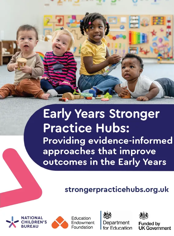 Front cover of Stronger Practice Hubs brochure featuring four early years children smiling and playing with toys