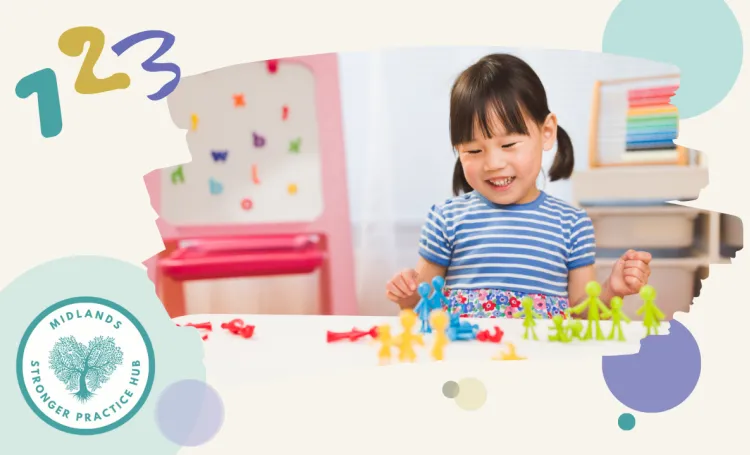 Blog thumbnail with a photo of a young child counting colourful figurines on a graphic background of colourful circles and the numbers 123