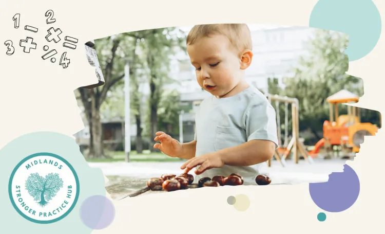 Blog thumbnail with a photo of a young child counting conkers on a graphic background of colourful circles and maths symbols