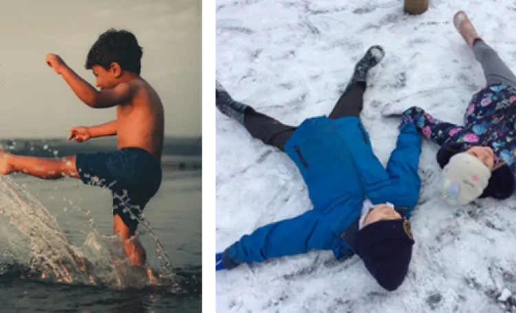 Boy kicking water. Children laying in snow.