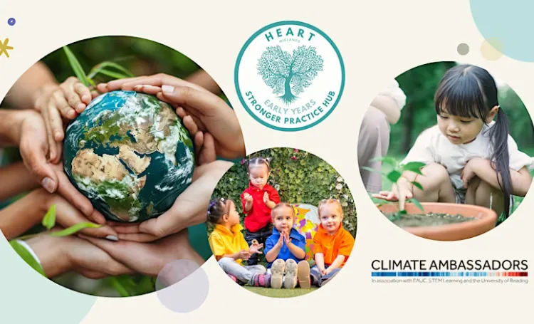 A cream banner with the SPH logo (a tree in the shape of a heart, in teal), with circuar images showing hands holding the eart; another with a young Asian child looking at a plant in a pot and another showing four young girls sitting together playing