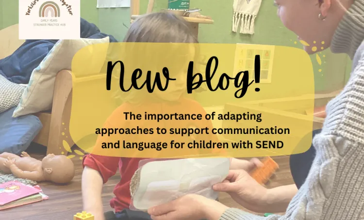 An adult showing a piece of paper to a child in an Early Years setting, with text over.