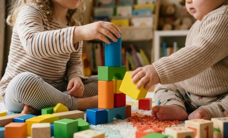 Two young children playing with blocks