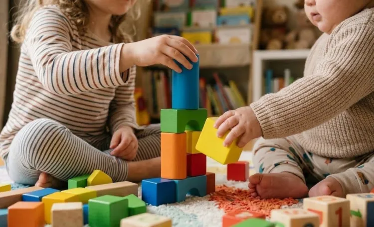 Two young children playing with blocks