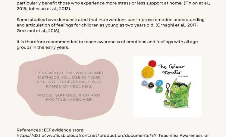 Image shows text and an image of a book cover about emotions 