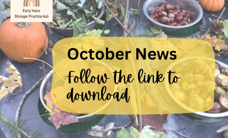 A tuff tray full of leaves, twigs, conkers and pumpkins. With text over.