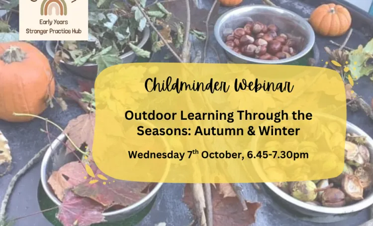 A tuff tray outdoors full of conkers, pumpkins, leaves and twigs. With text over. 