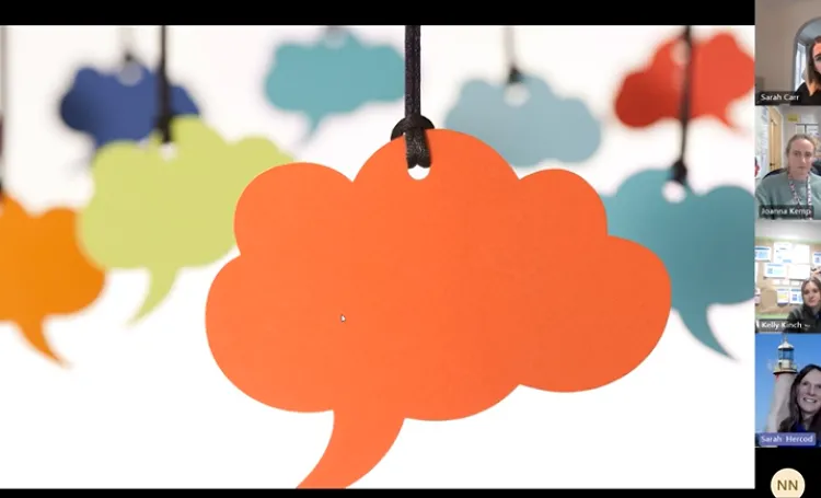 Colourful thought bubbles and the faces of four attendees