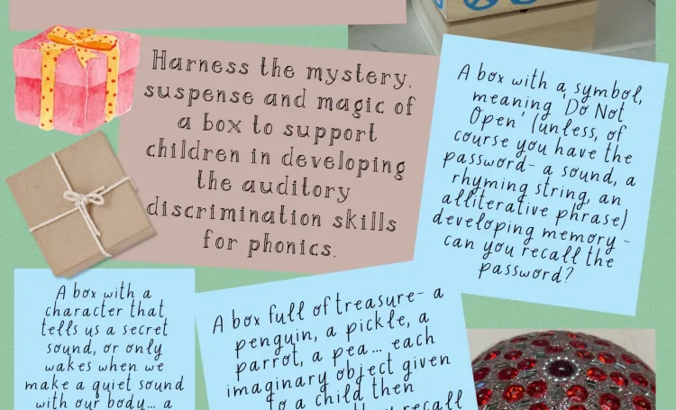 Image of phonics resource with wording and some images of a box and curious objects.