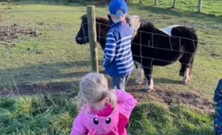 Two children in a field with a pony