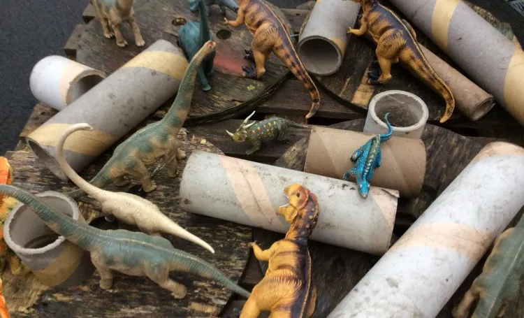 Dinosaurs and cardboard tubes in a tuff tray outside