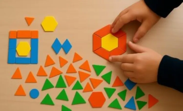 child playing with puzzle pieces and making a pattern